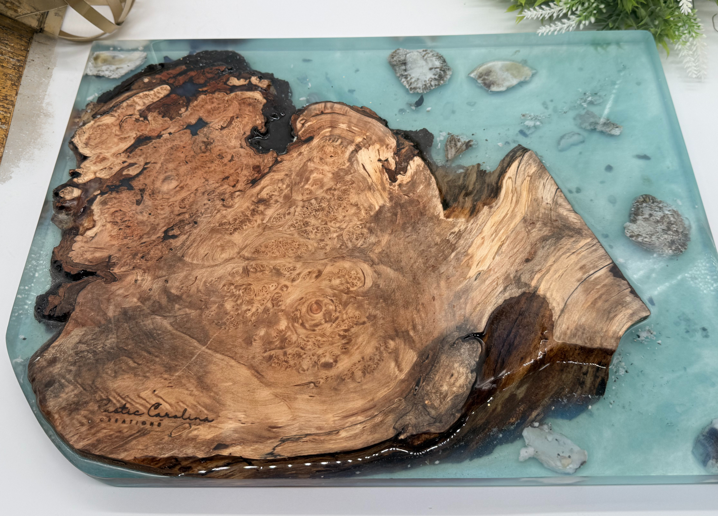 Live Edge Maple Burl and Oyster Epoxy Board
